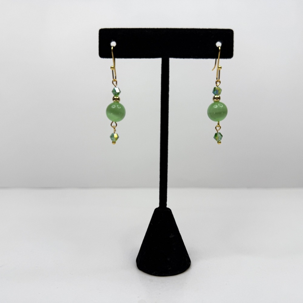 Green Jade Swarovski Crystal Accents Dangle Drop Earrings Gold Tone Hook Jewelry